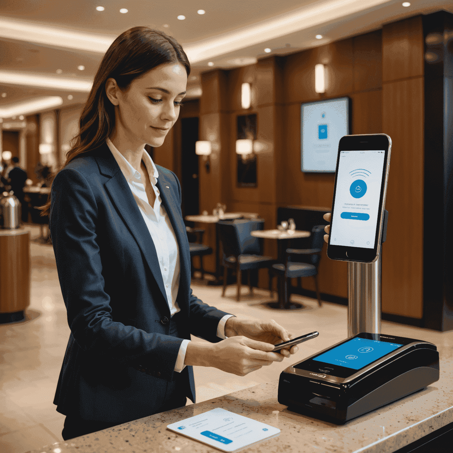 A hotel guest using a smartphone to check-in at a modern hotel lobby, demonstrating contactless technology