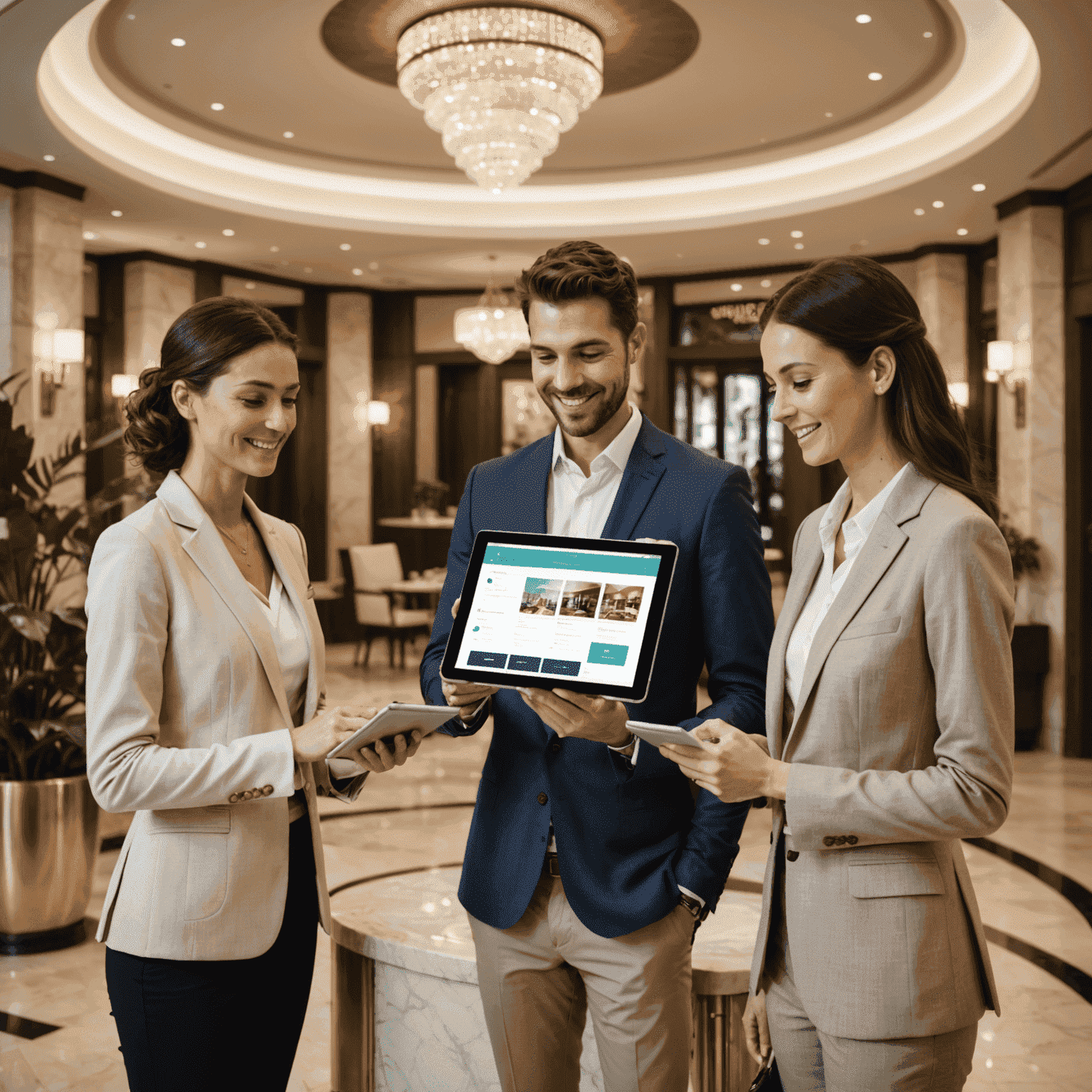 A luxurious resort lobby with staff using tablets for check-ins, showcasing AppsMews in action