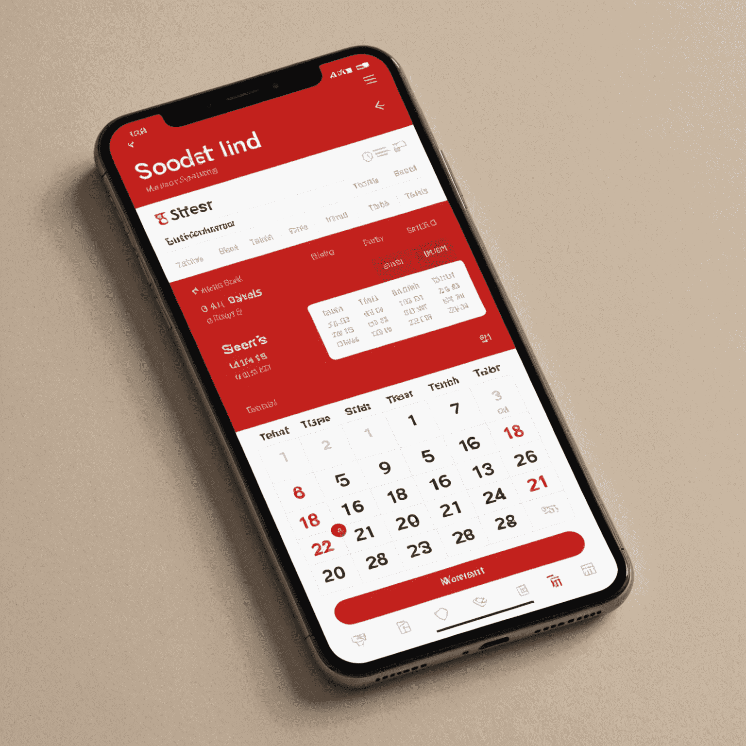 A modern interface showing a calendar with room bookings, availability status, and guest information. The design is sleek with a red and white color scheme, representing the advanced booking management system.