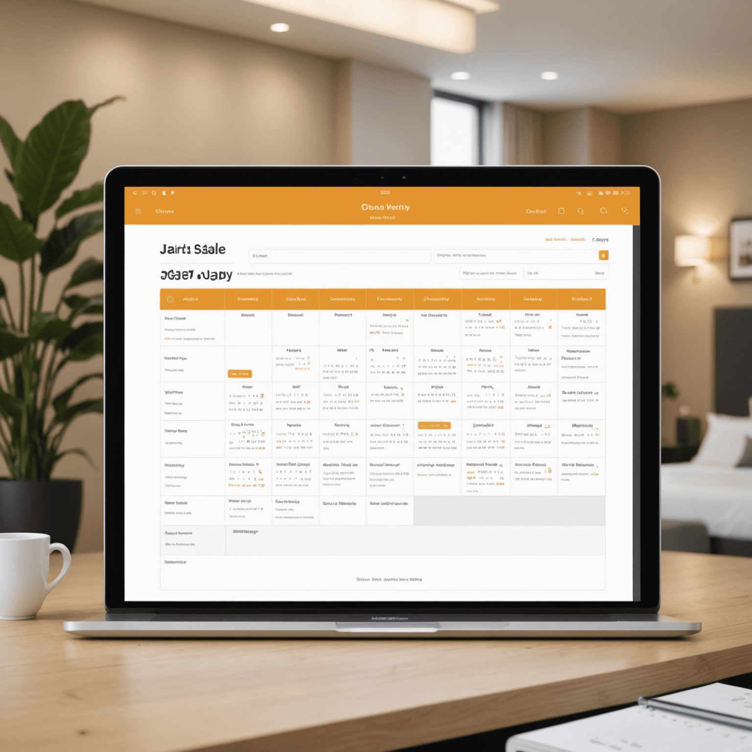 A modern interface of a booking management system showing a calendar view with room availability, guest details, and occupancy rates