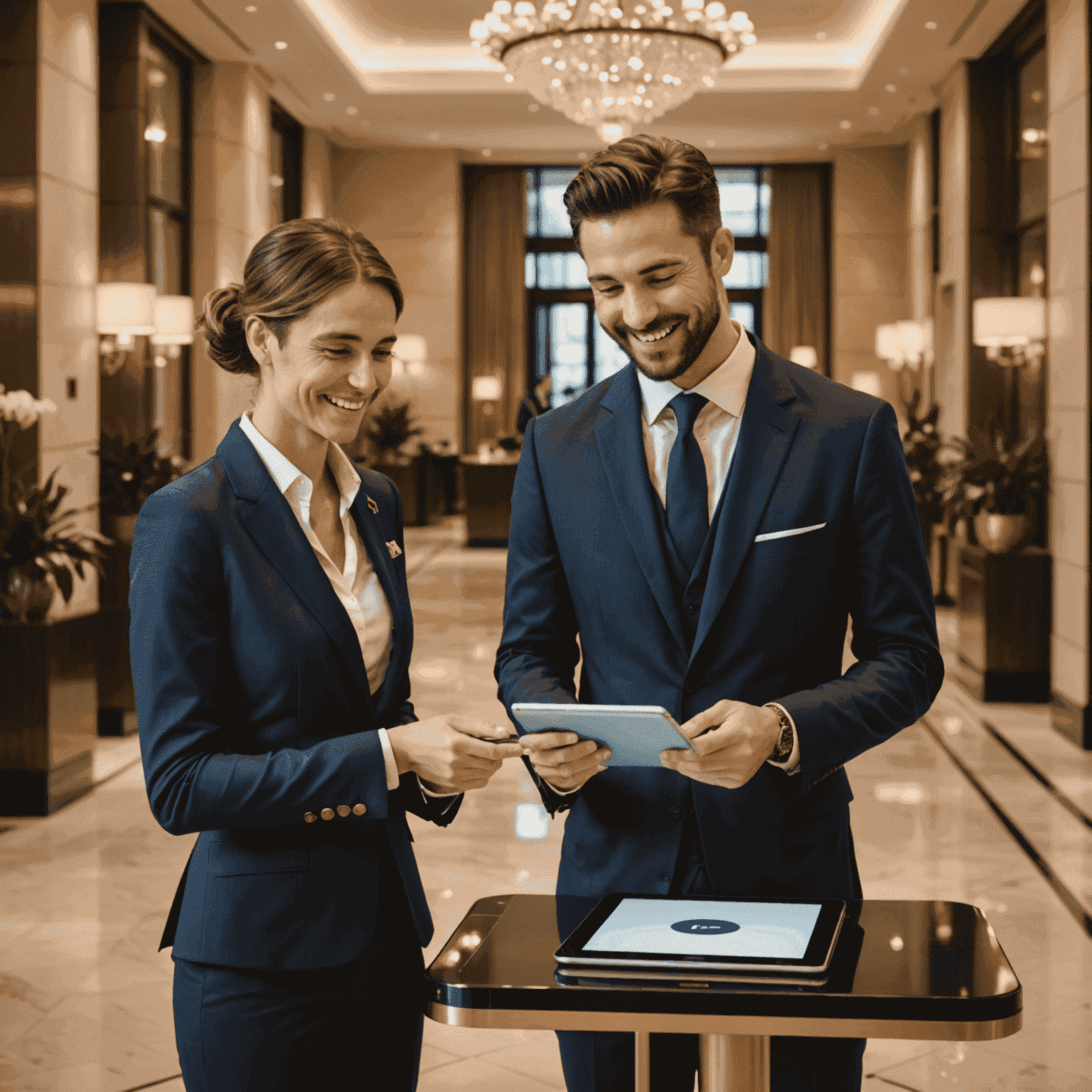 A luxurious hotel lobby with a concierge assisting a smiling guest. The concierge is using a tablet, symbolizing digital guest services.