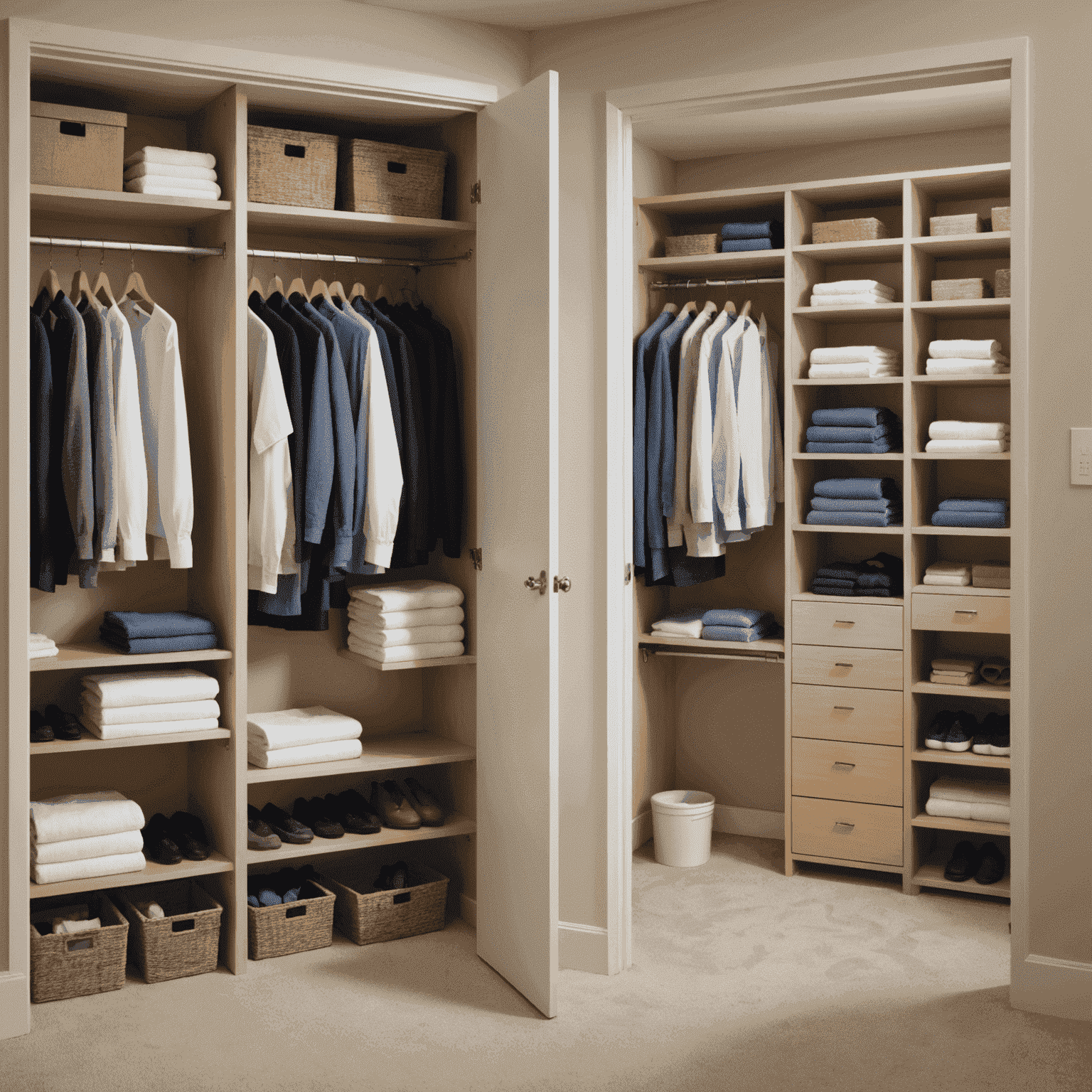 A split image showing a well-organized hotel supply closet on one side and a pristine, freshly cleaned hotel room on the other, representing efficient inventory and housekeeping management