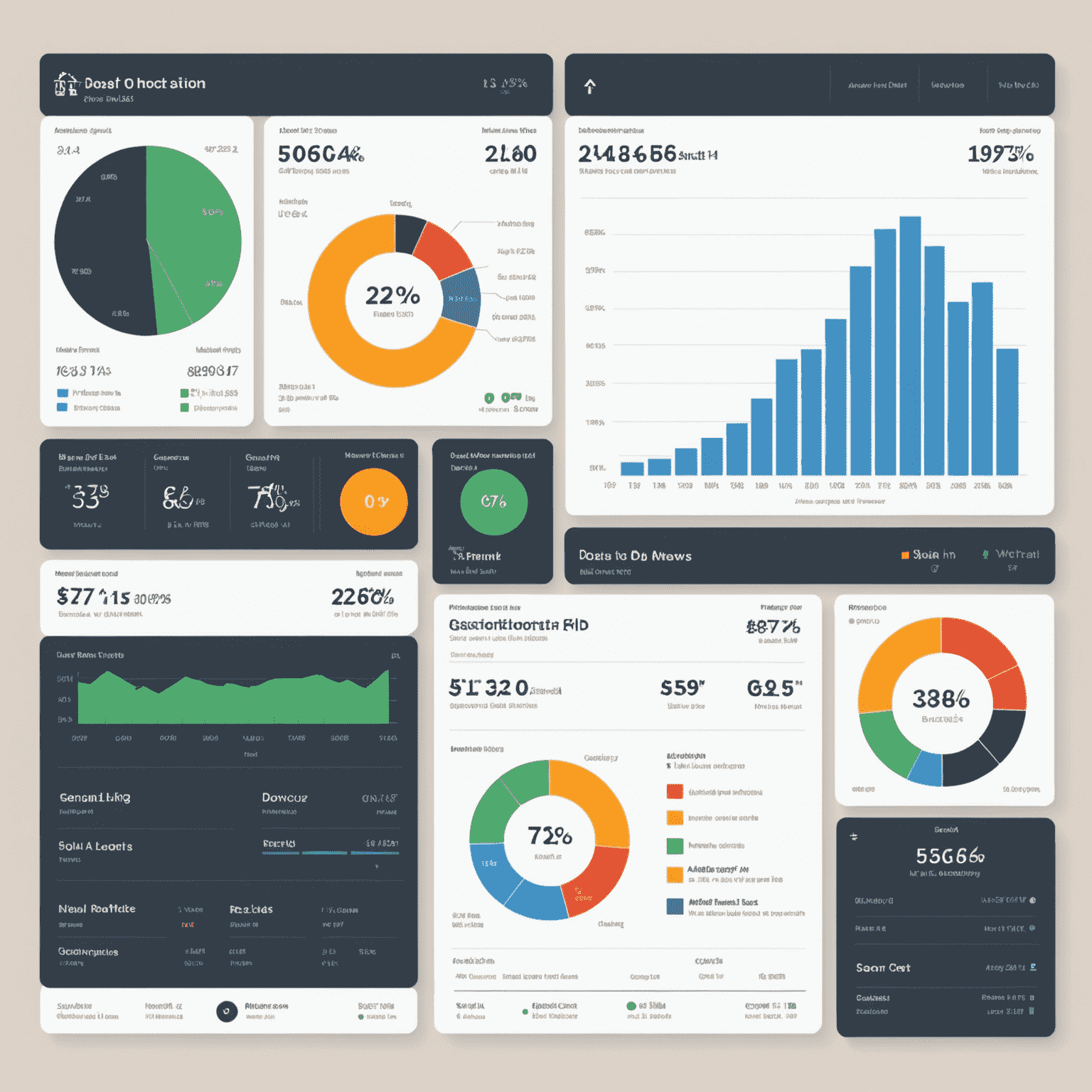 Dashboard showing various analytics charts and graphs for a hotel, including occupancy rates, revenue per available room, and guest satisfaction scores