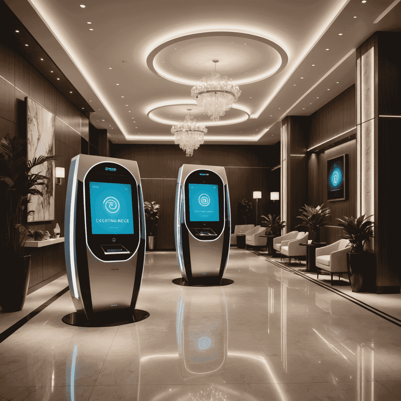 A futuristic hotel lobby with digital check-in kiosks and a holographic concierge, showcasing cutting-edge hospitality technology