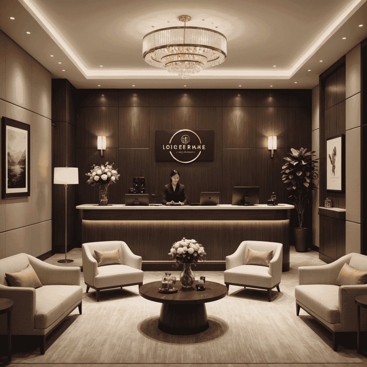 A cozy boutique hotel reception area with staff efficiently managing operations on AppsMews interface