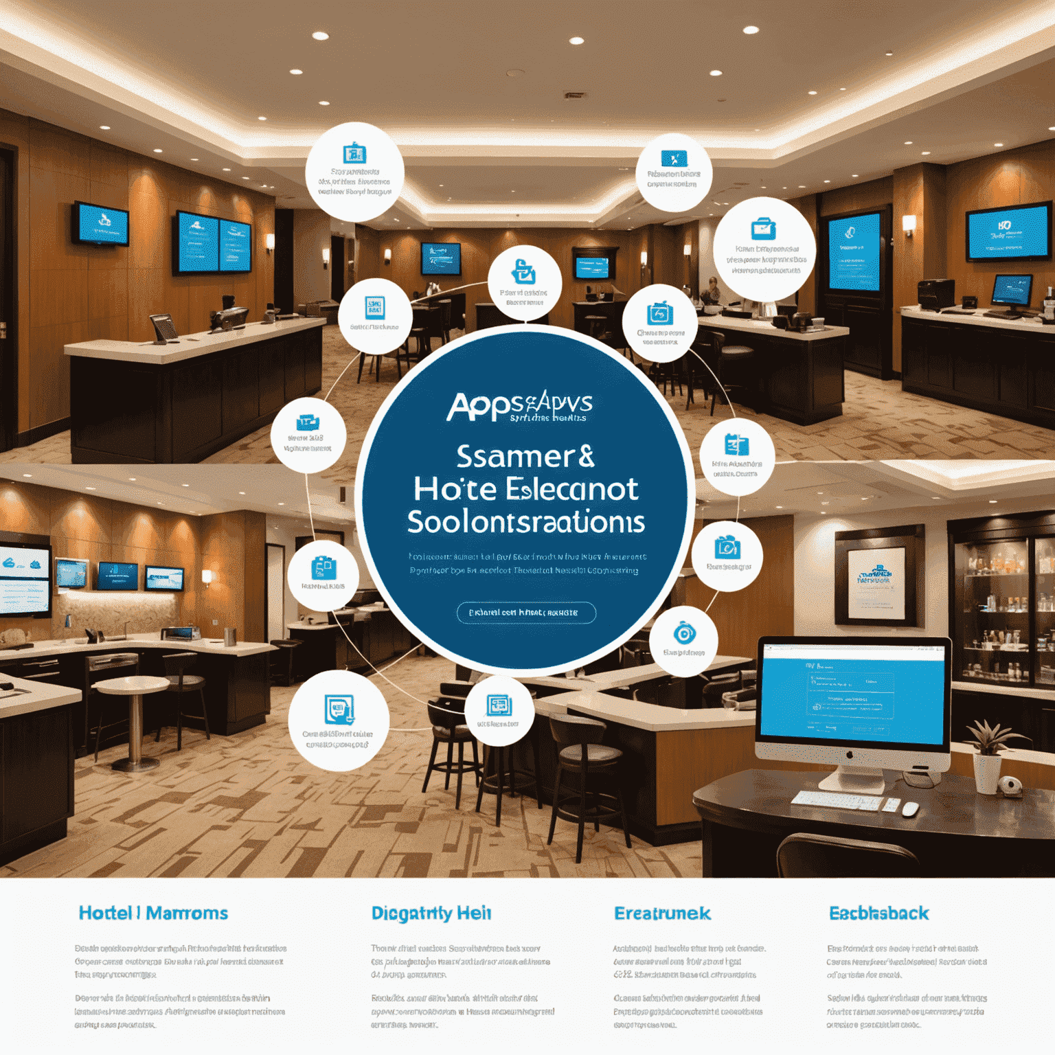 Infographic showing the seamless integration of AppsMews payment solutions with various aspects of hotel management, including front desk operations, online bookings, and financial reporting.