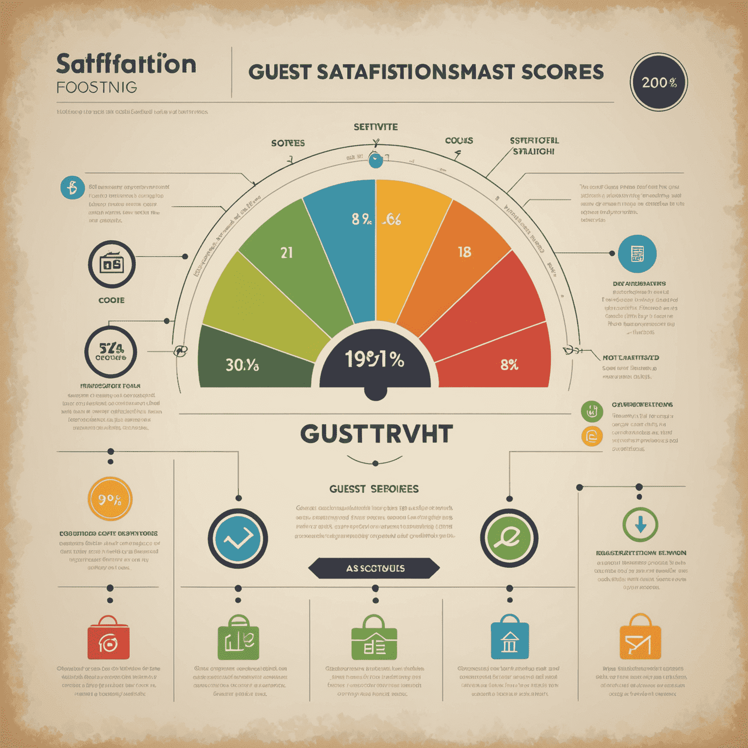 A graph showing increasing guest satisfaction scores over time, with icons representing various hotel amenities and services contributing to the positive trend.
