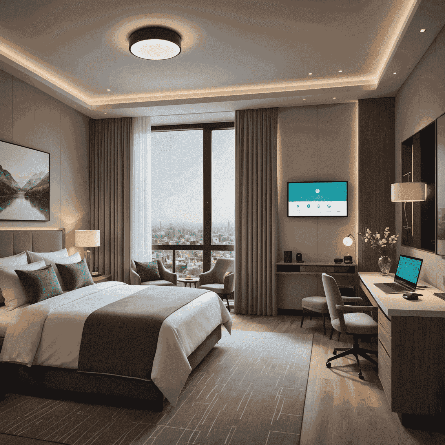 A smart hotel room with various IoT devices like smart lighting, thermostats, and voice-controlled assistants