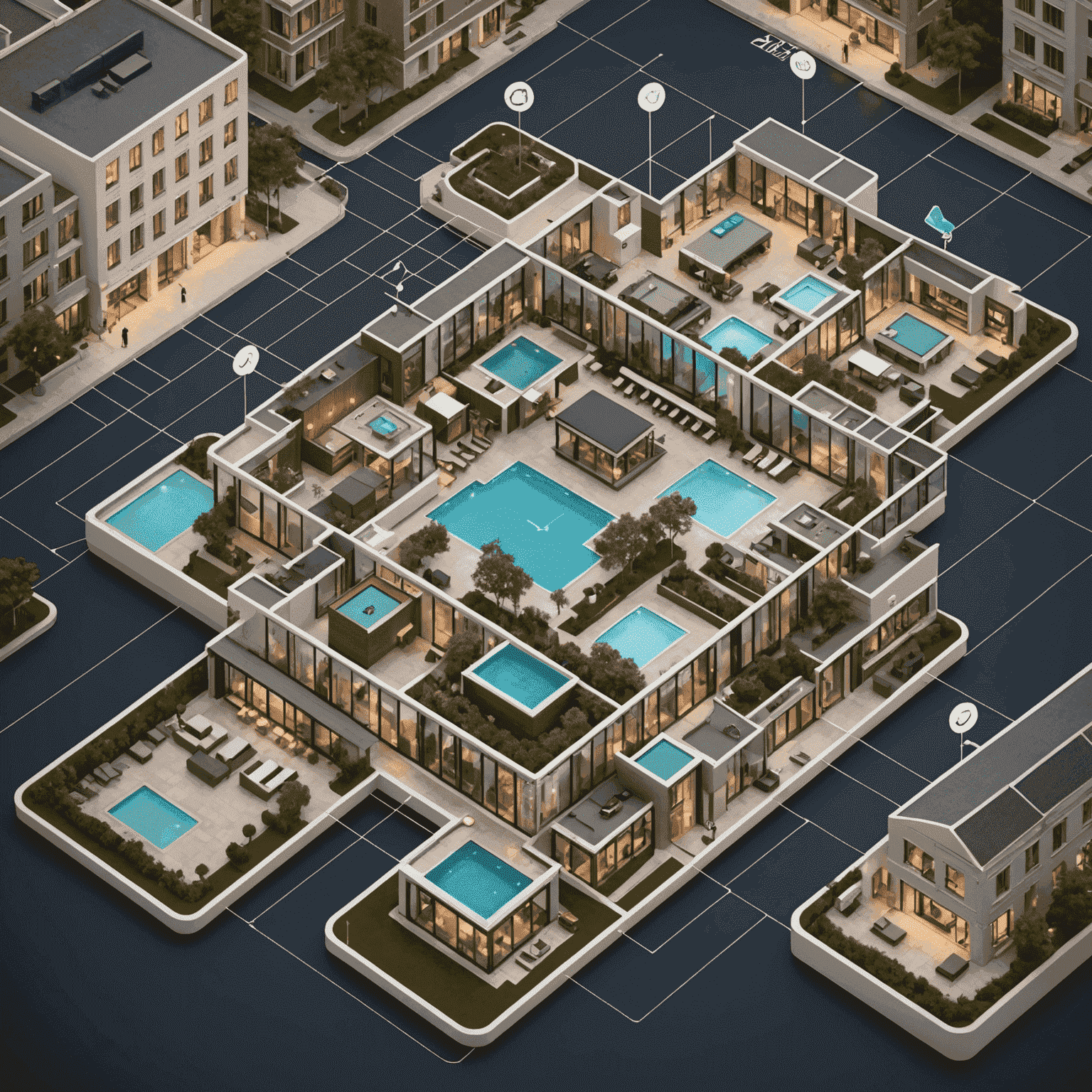Multiple hotel properties shown in a collage, all connected by AppsMews system visualized through a network diagram
