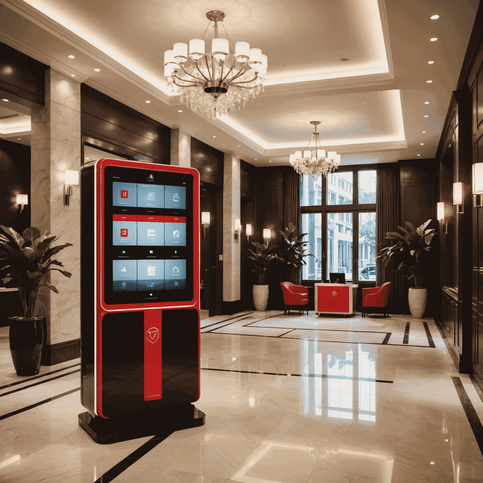 A luxurious hotel lobby with a digital concierge kiosk. The interface shows personalized guest services, room controls, and a feedback system. The image has a warm, welcoming atmosphere with red and white accents.