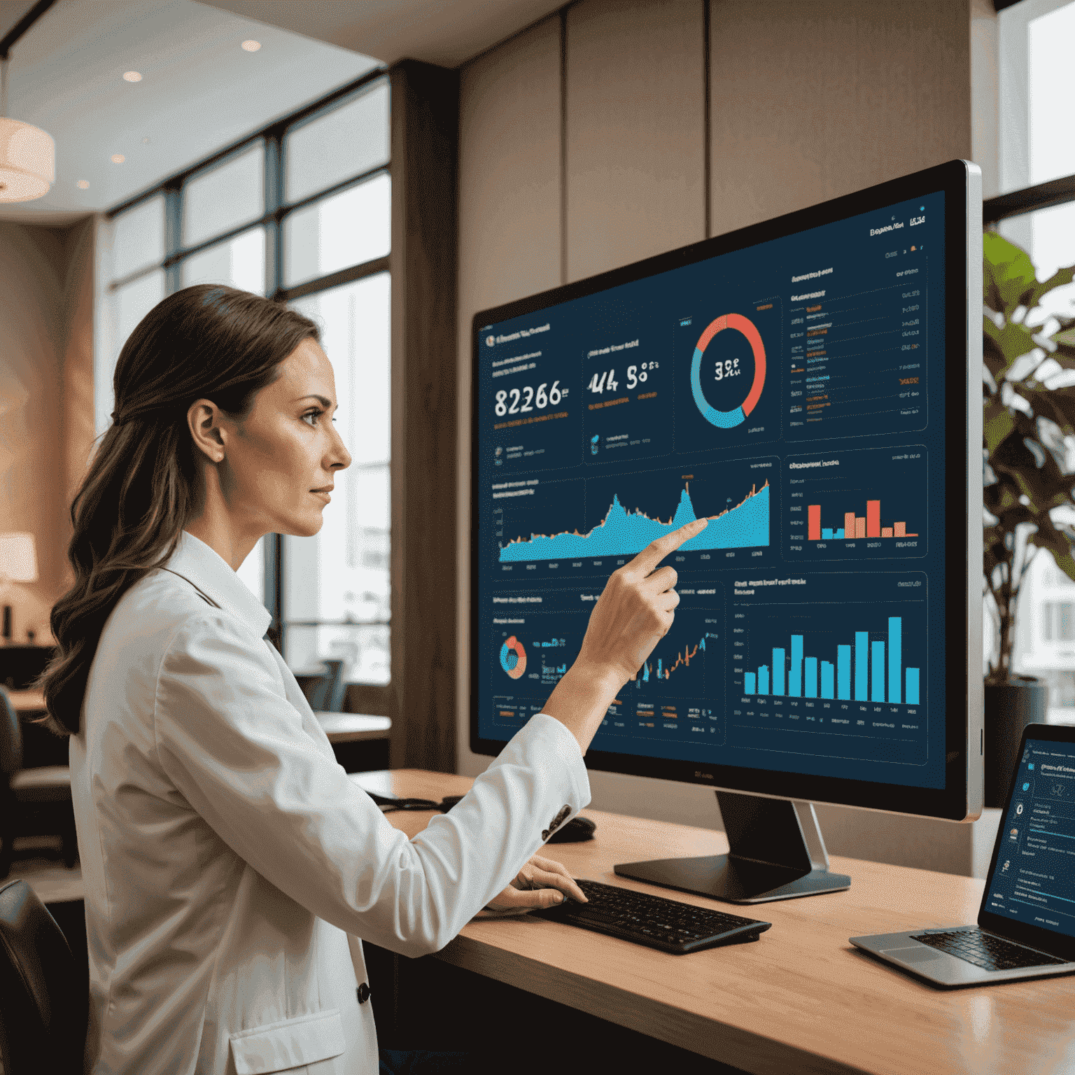 A hotel manager reviewing comprehensive analytics dashboards on a large screen, showcasing various hotel performance metrics