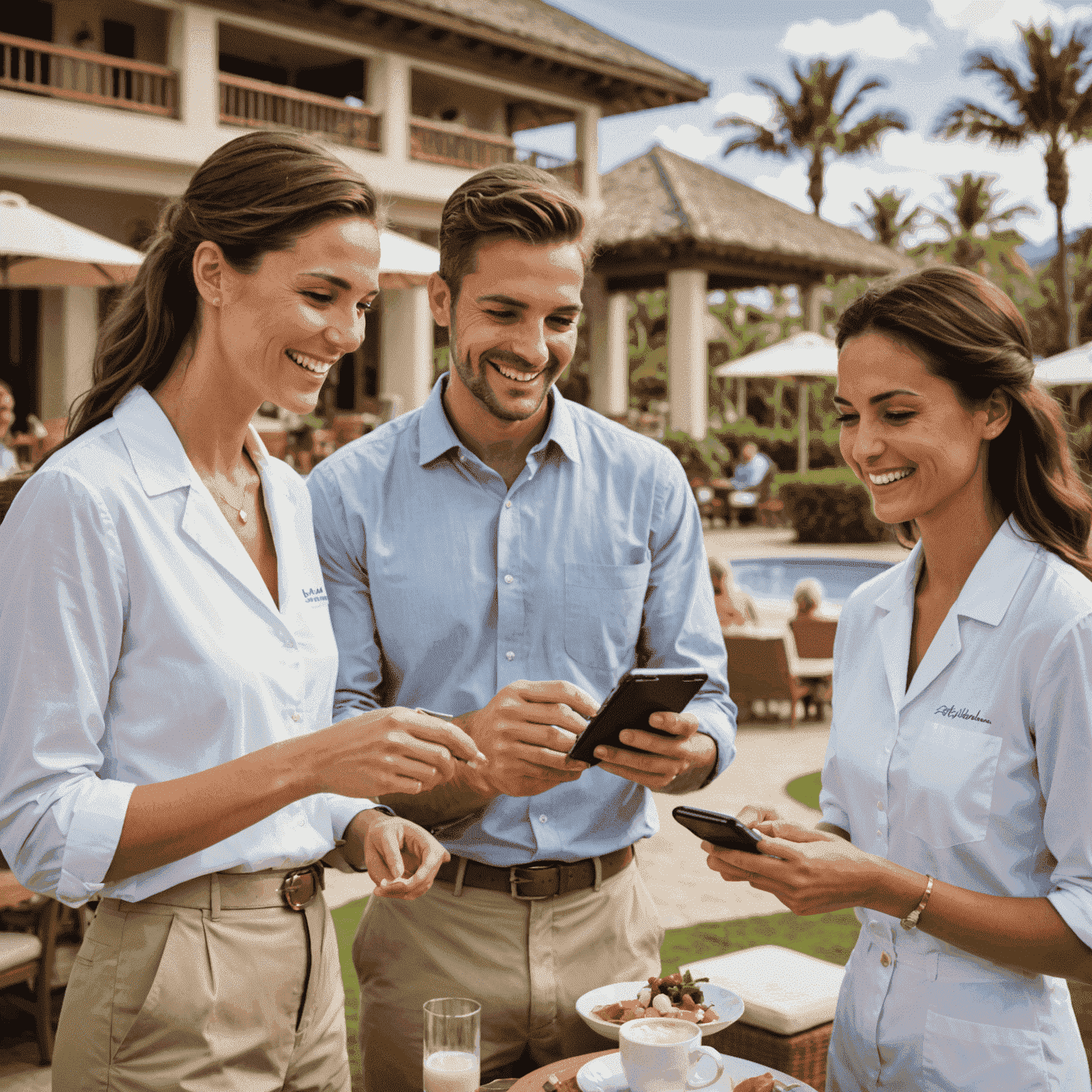 Happy guests enjoying personalized services at a resort, with staff using AppsMews on mobile devices