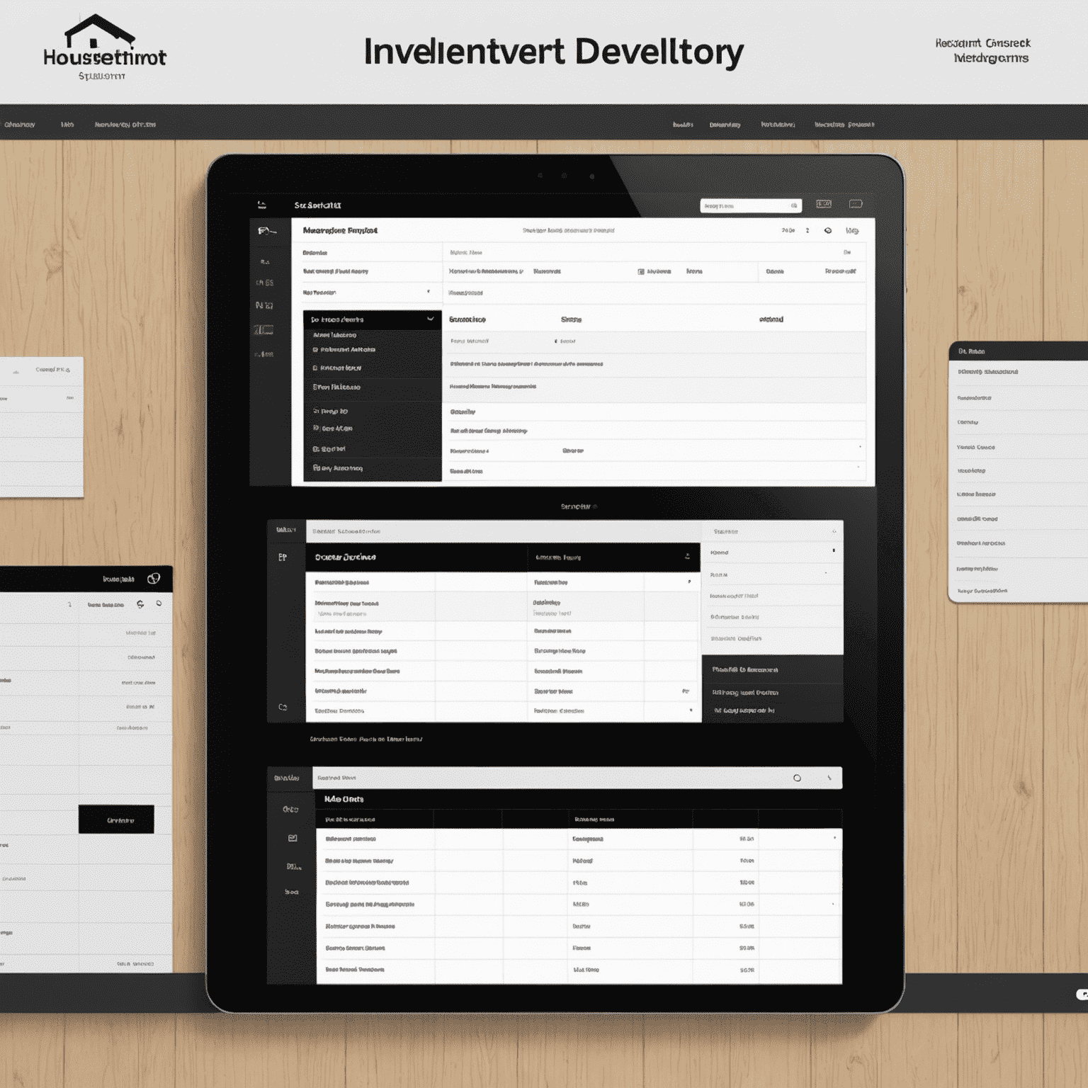 A split-screen image: one side showing a digital inventory management system with stock levels and reorder points, the other side displaying a housekeeping schedule with room statuses. The design uses a clean, organized layout with black and white elements.