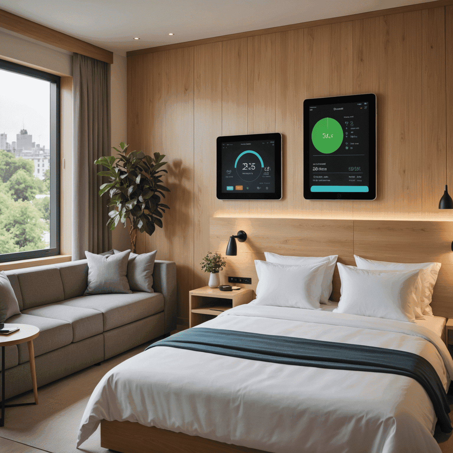 A eco-friendly hotel room with energy-efficient appliances and a tablet displaying real-time energy consumption data