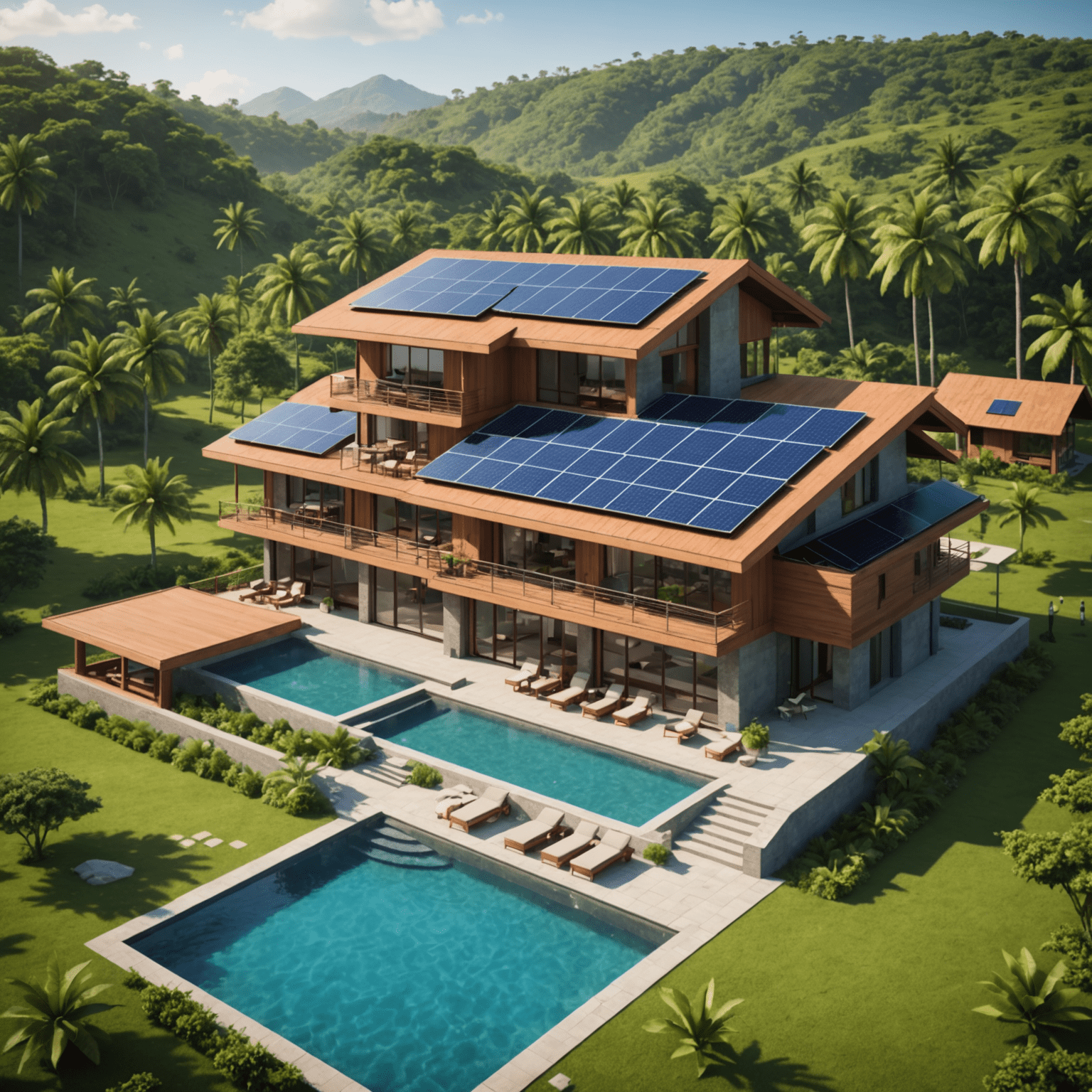 An eco-friendly resort using AppsMews to manage sustainable practices, showing solar panels and smart room controls