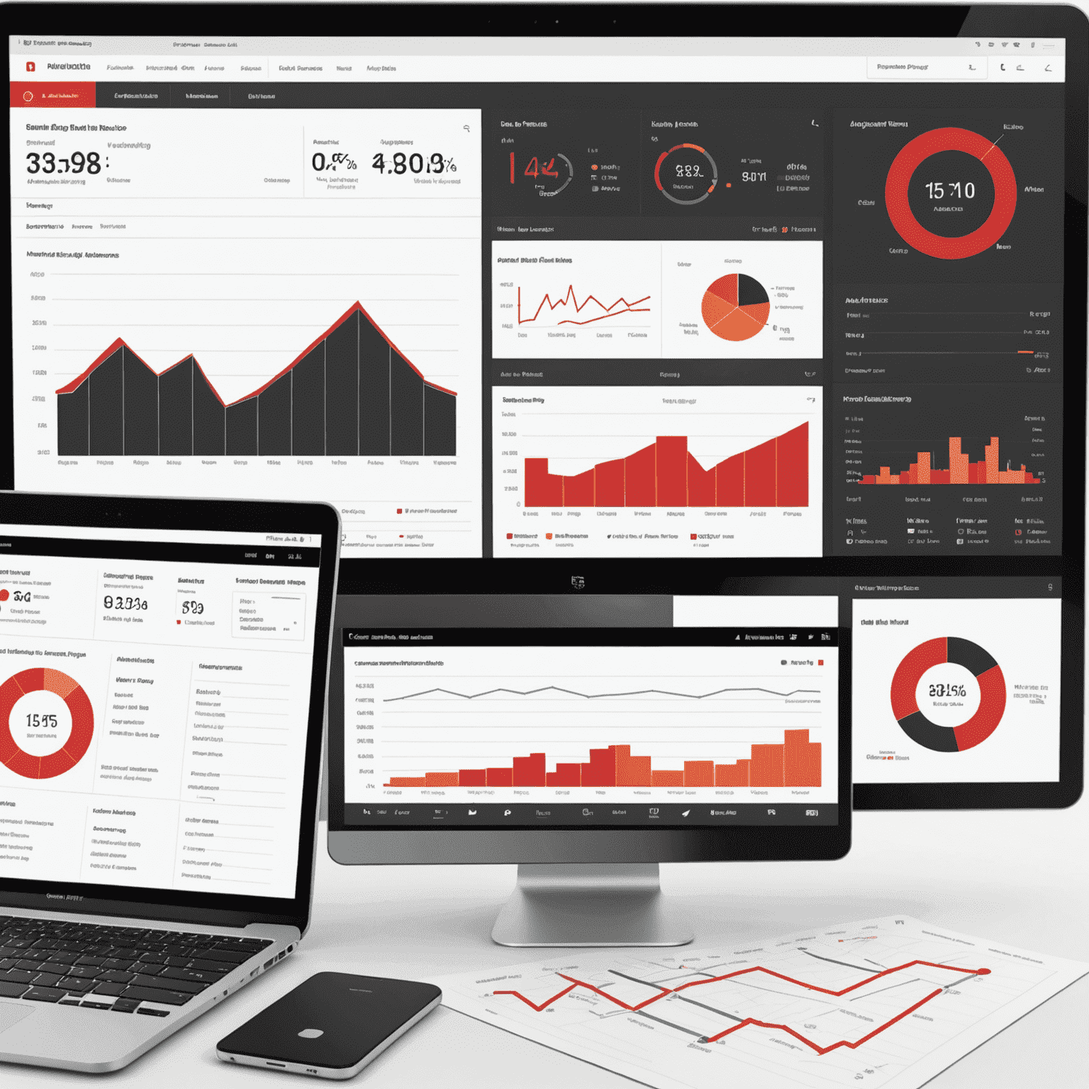 A dashboard showcasing various analytics and reports for a hotel. Graphs, charts, and key performance indicators are displayed in a visually appealing manner. The color scheme incorporates red, pink, and black on a white background.