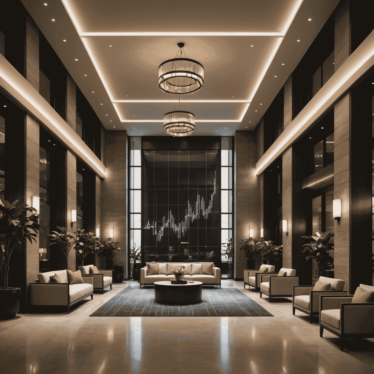 A sleek urban hotel lobby with a graph overlay showing increasing revenue trends after implementing AppsMews